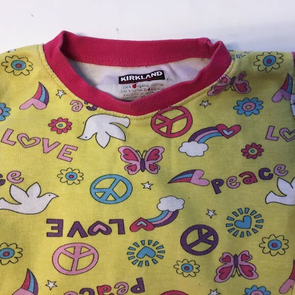 Kirkland Girls Size 2 Pajama Set Yellow Pink Peace Love 100% Organic Cotton - Picture 4 of 16